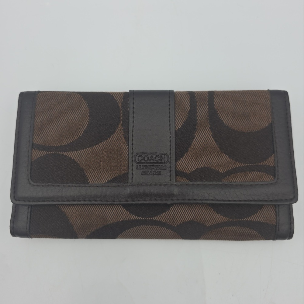 Coach Signature Canvas Trifold Wallet Brown Leather Trim Snap Closure VNTG